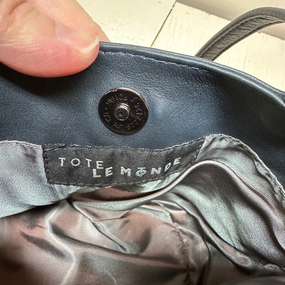 TOTE LE MONDE Navy Leather Bucket‎ Tote Bag Small Shoulder Purse Vintage - Picture 5 of 8